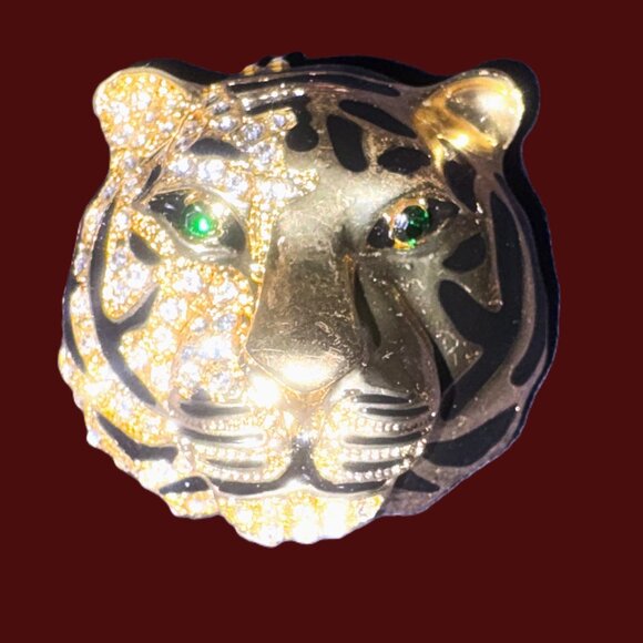 Gold and Rhinestone Tiger Brooch with Emerald Green eyes NWOT - Picture 1 of 9